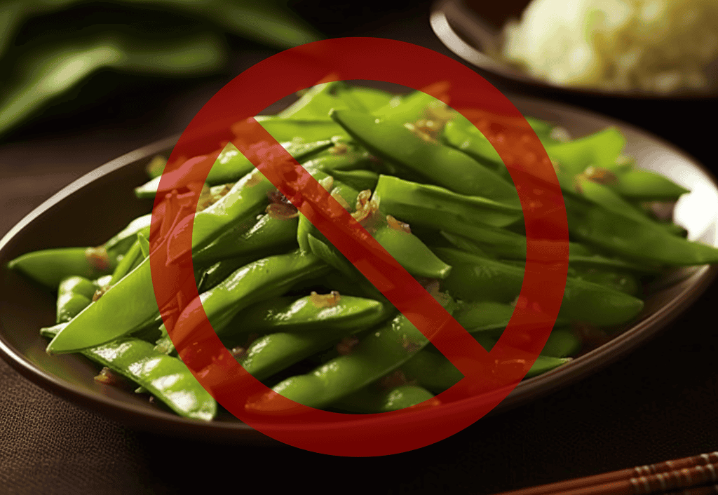 Alt text: Fresh green beans on a plate with a red prohibition symbol, indicating they are not suitable for dogs.