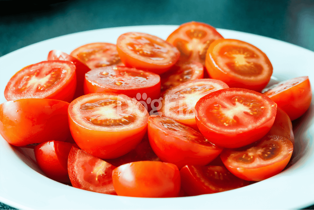 Vibrant sliced cherry tomatoes in a white bowl, ideal for healthy dog treats and canine nutrition.
