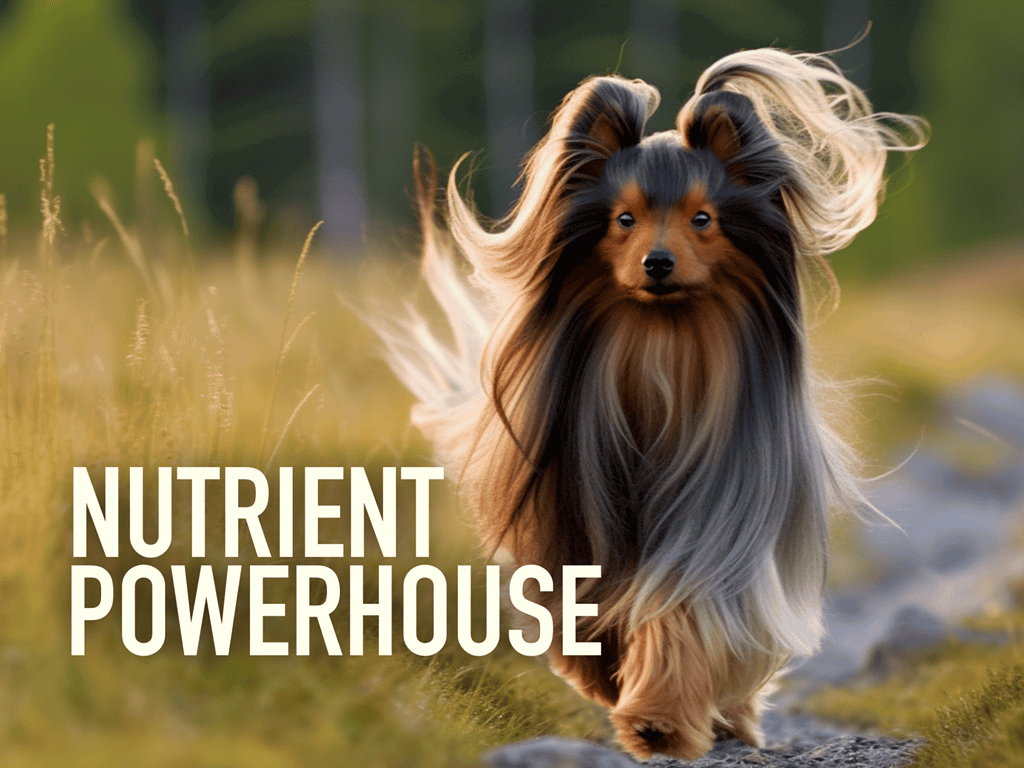 Well-groomed Shetland Sheepdog running outdoors, highlighting pet health and nutrition.