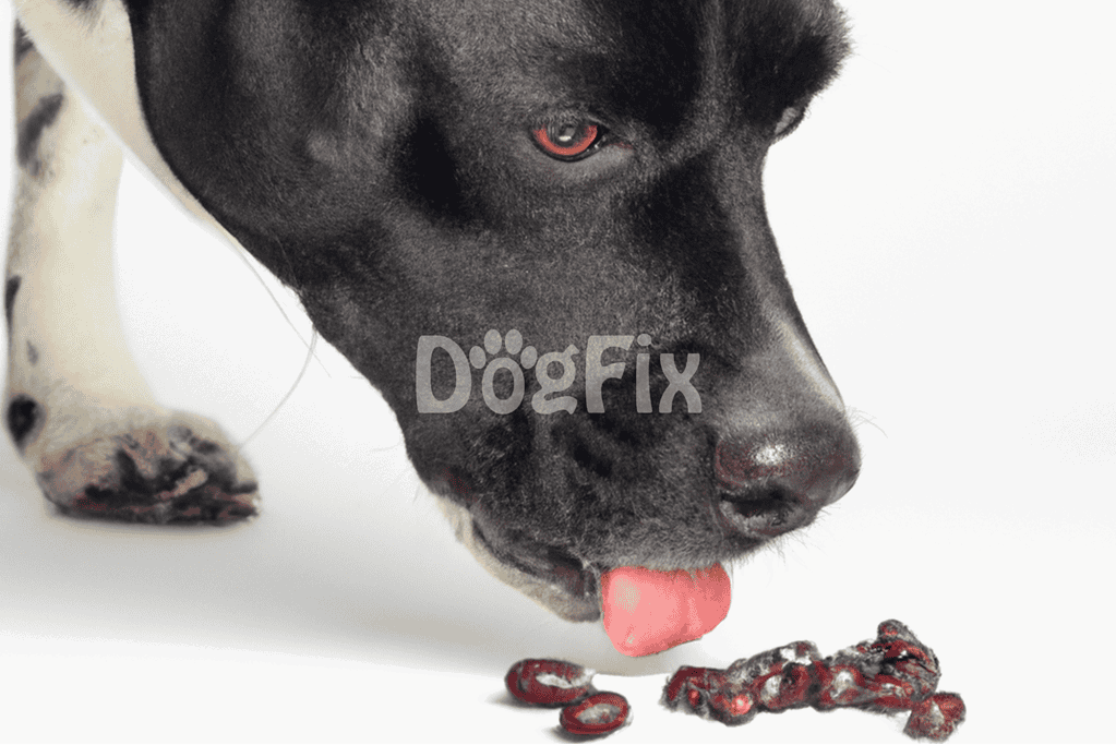 Adorable black and white puppy eating tasty dog treats on a white background.
