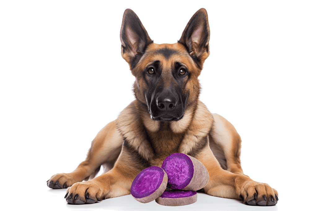 Cute German Shepherd dog laying down with purple sweet potatoes on white background.