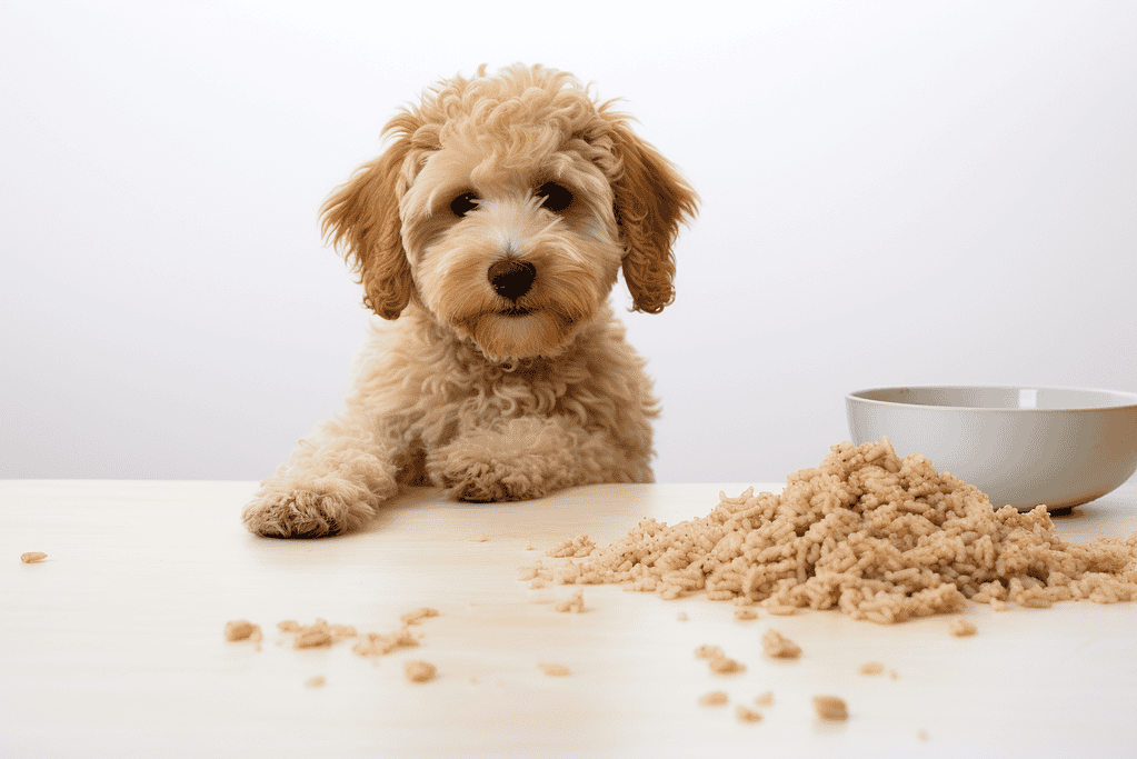 Cute puppy next to a pile of kibble and a bowl, looking at the camera.