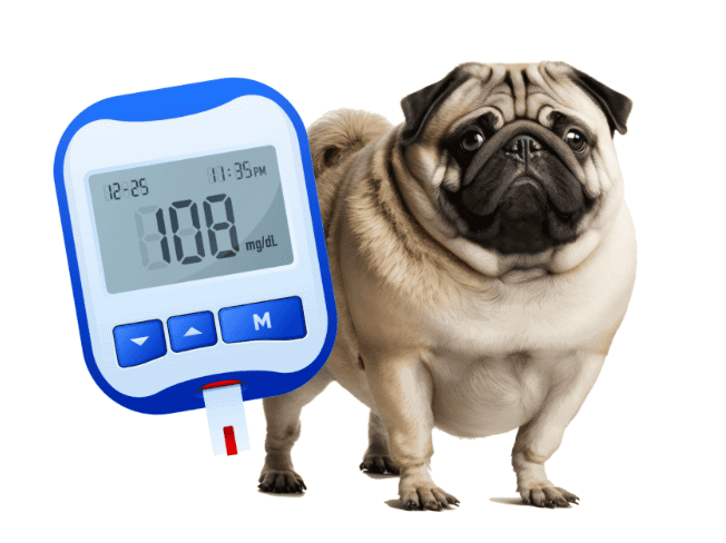 Dog with glucose meter showing 108 mg/dL.