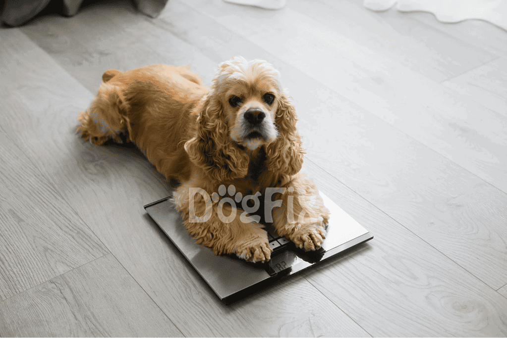 Cute Cocker Spaniel dog lying on digital weighing scale.