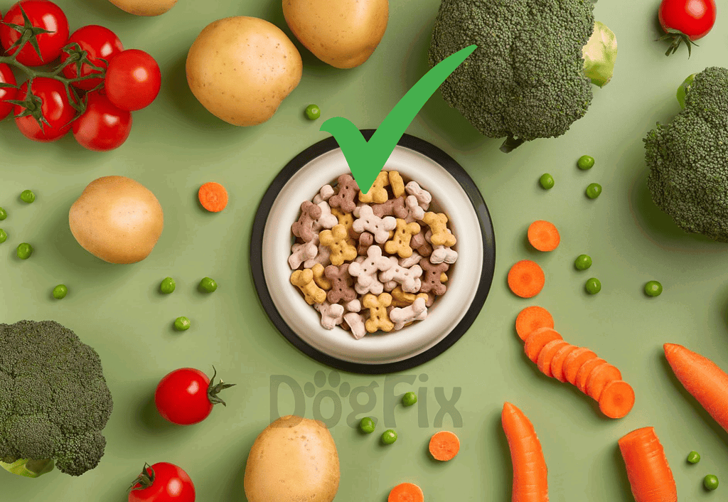 Brightly colored dog treats in a bowl, surrounded by fresh vegetables on a green background.