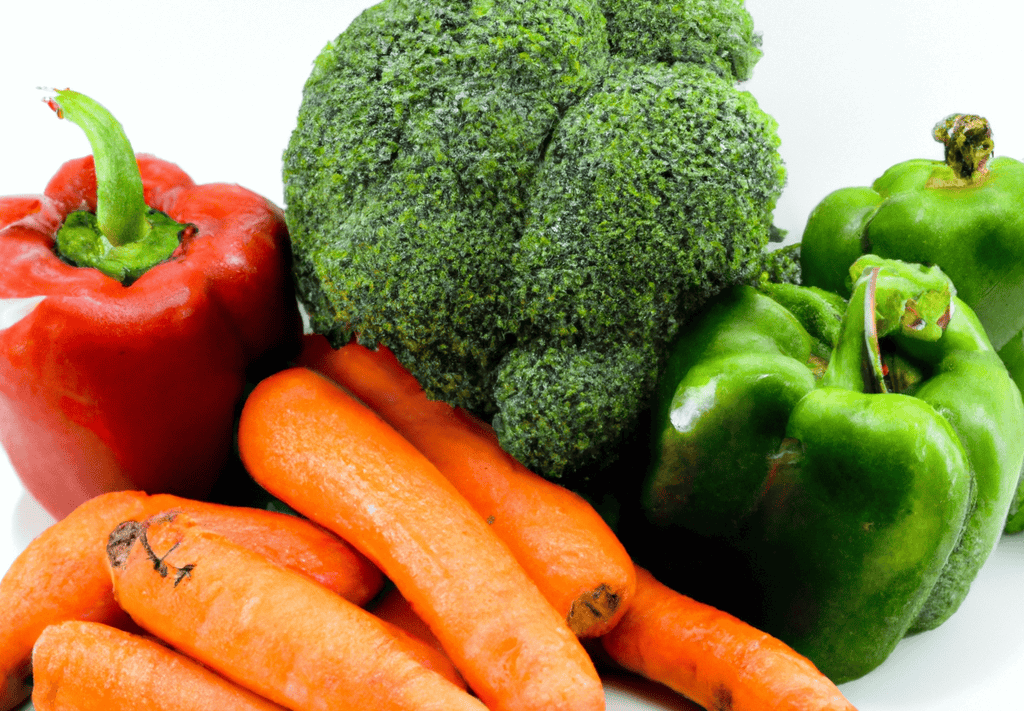 Colorful vegetables including broccoli, carrots, red and green peppers for dog nutrition.