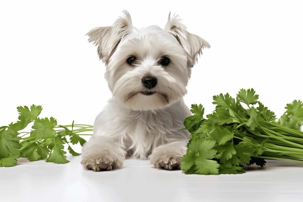 Adorable dog lying with fresh cilantro leaves on a white background, perfect for pet care and dog health content.