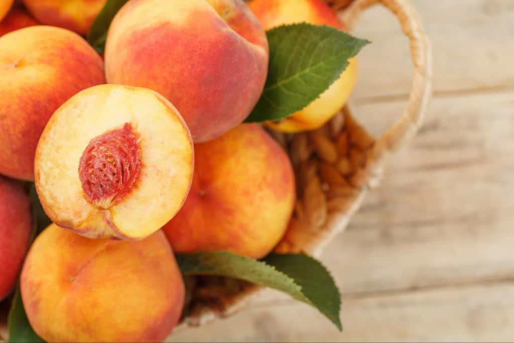 Fresh peaches in basket with leaves, healthy and delicious fruit.