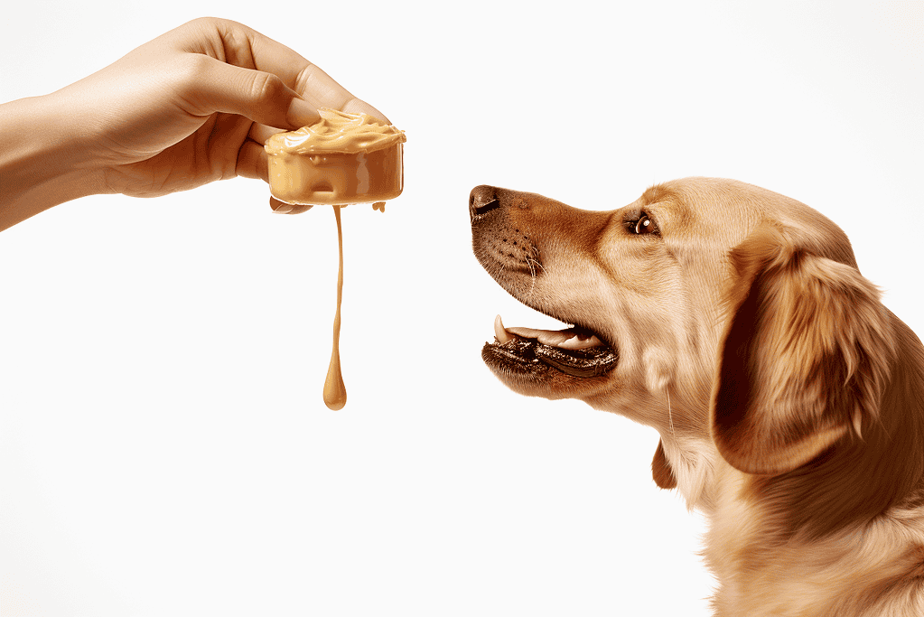 Dog licking creamy peanut butter treat.