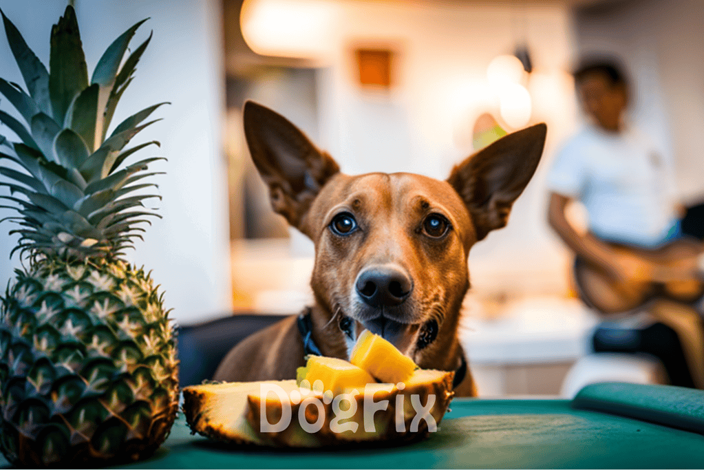 Bright, adorable dog with pineapple slices, cozy indoor setting, pet food, health, and happiness theme.
