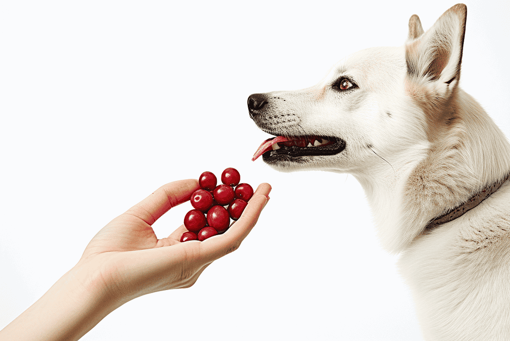 Alt text: White dog tongue out to receive cranberries from a human hand, promoting dog health and nutrition.