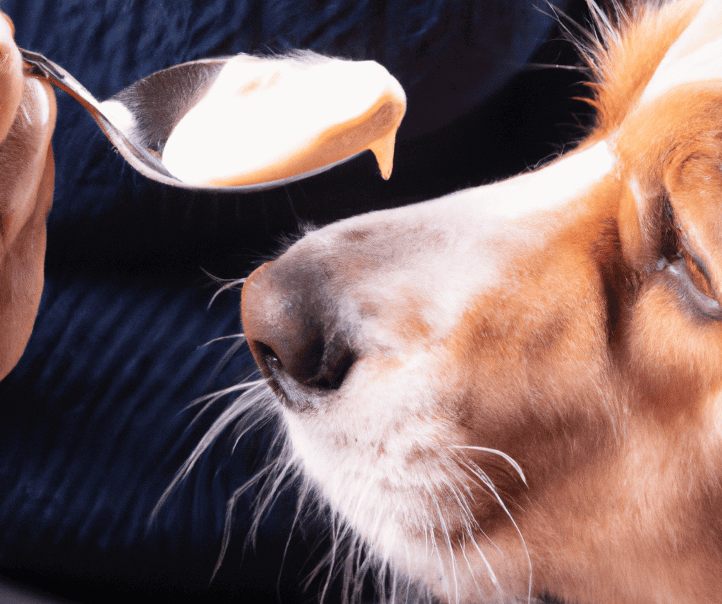 Healthy dog food feeding scene with a close-up of a dog's face and a spoon of food.