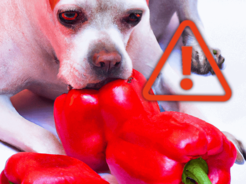 Close-up of a dog with red peppers in mouth, warning about toxic foods for pets.
