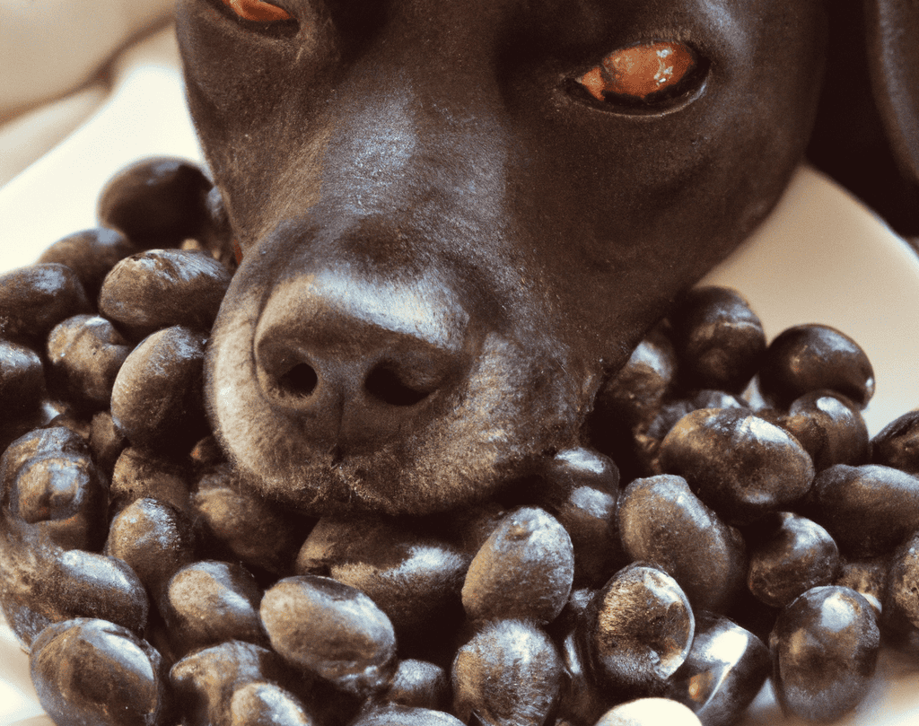 Black dog with treats around its nose, close-up of face and treats.