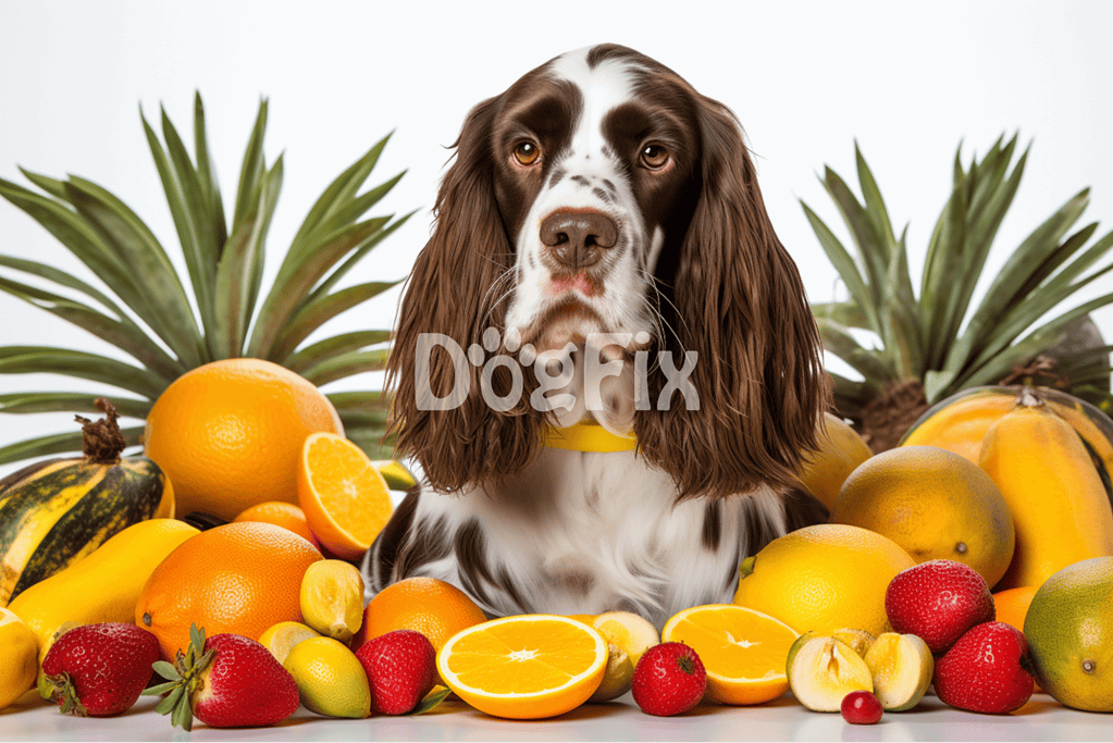 Bright dog sitting among oranges, strawberries, bananas, and pineapples for a fresh, healthy theme.