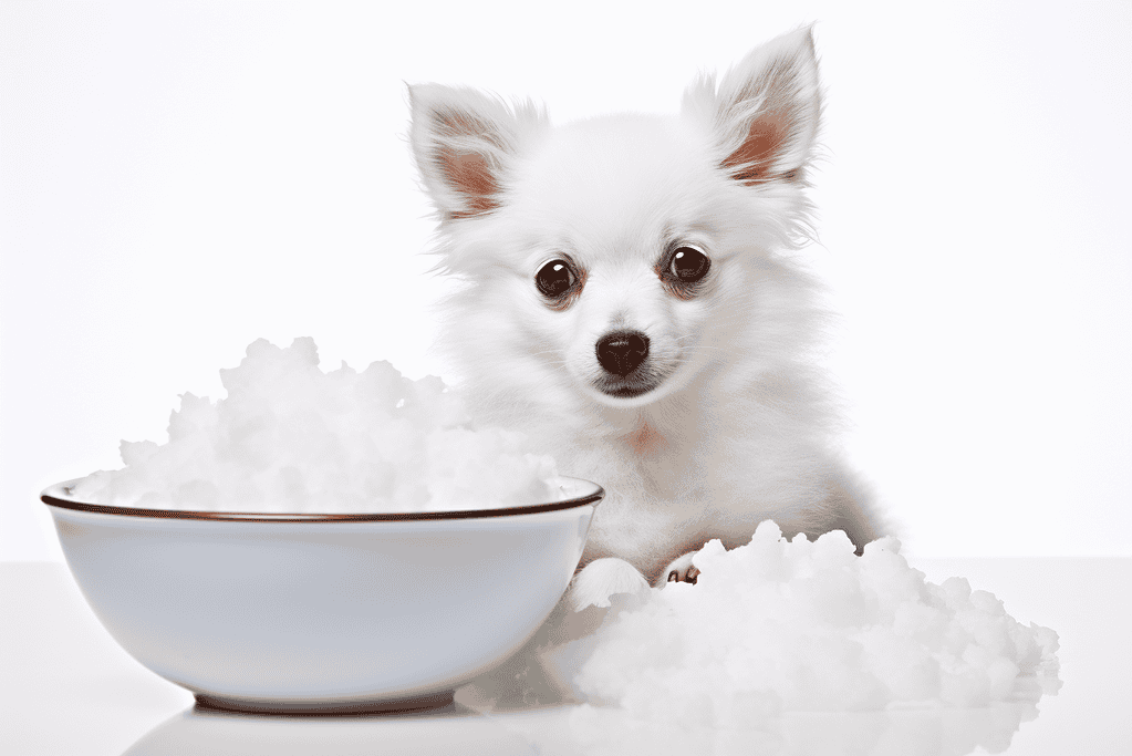 Adorable white puppy sitting near snow with a bowl of snowflakes. Perfect for pet care or dog food concepts.