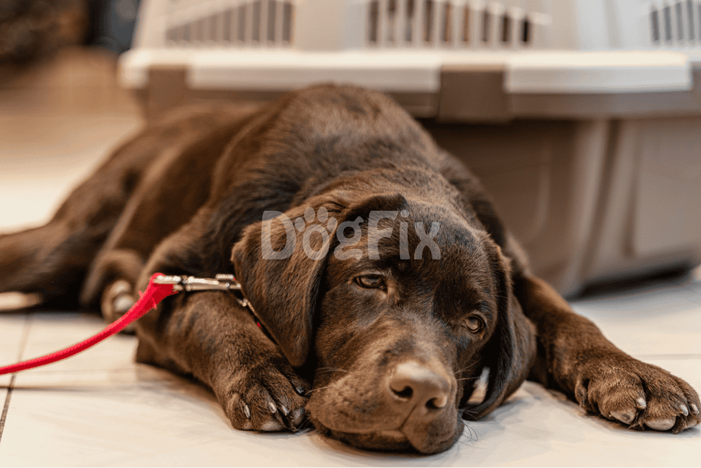 Adorable brown Labrador puppy lying on the floor, looking relaxed and calm.
