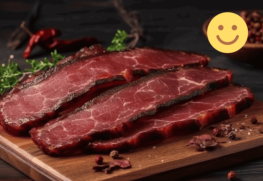 Delicious beef jerky slices perfect for dog treats or snacks, garnished with herbs and spices on a wooden board.