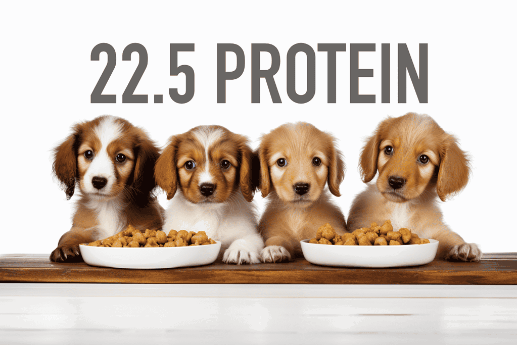 Cute golden retriever puppies eating nutritious dog food with high protein content.