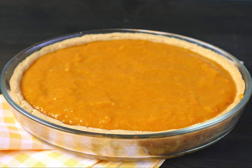 Dog friendly pie with healthy sweet potato topping in glass dish.