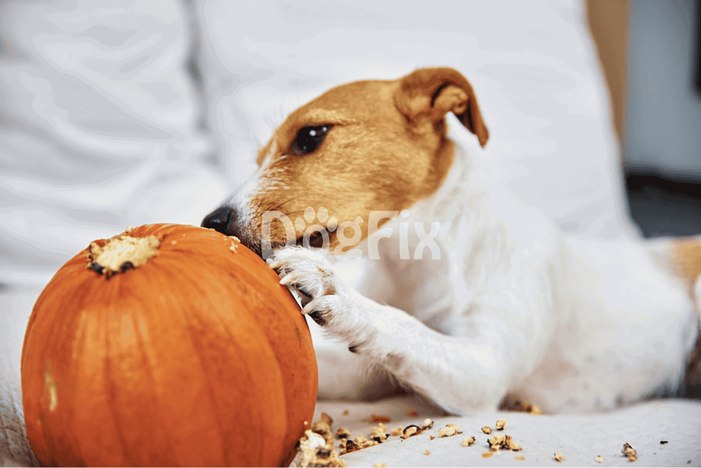 Dog eating pumpkin, fall season, dog-friendly pumpkin treat, healthy dog snack, autumn pet care.