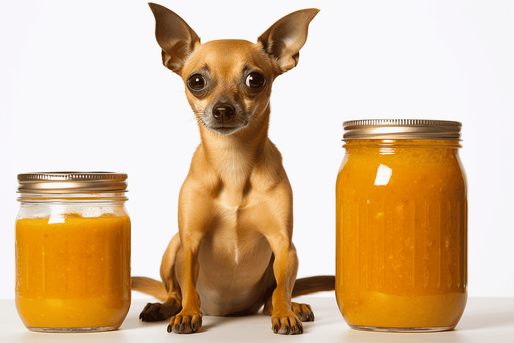 Dog alt text: Chihuahua with jars of homemade dog food or treats on a white background.