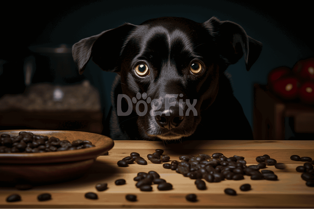 Dogfix.com: Dog with curious expression near coffee beans, emphasizing pet safety and care.
