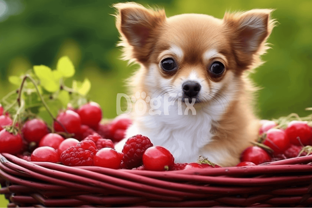 Adorable Chihuahua puppy sitting in a basket filled with red berries outdoors.
