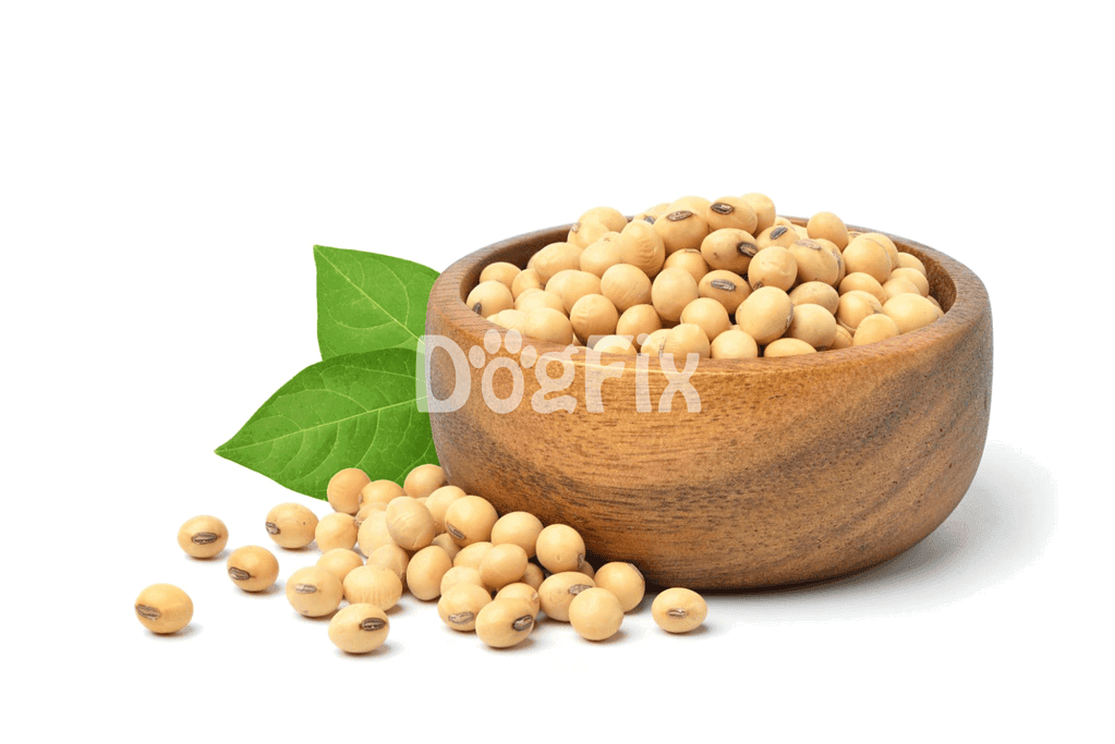 Soybeans in a wooden bowl with green leaves, ideal for healthy dog treats and nutrition.