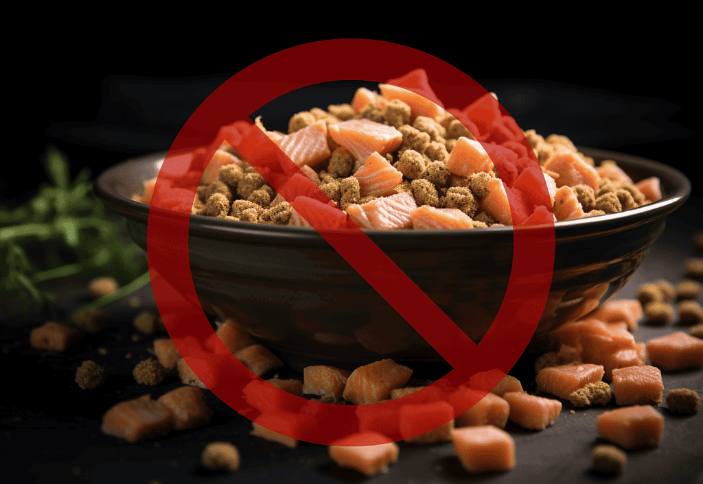 Unhealthy, harmful dog food with raw meat and kibble, not suitable for pets.