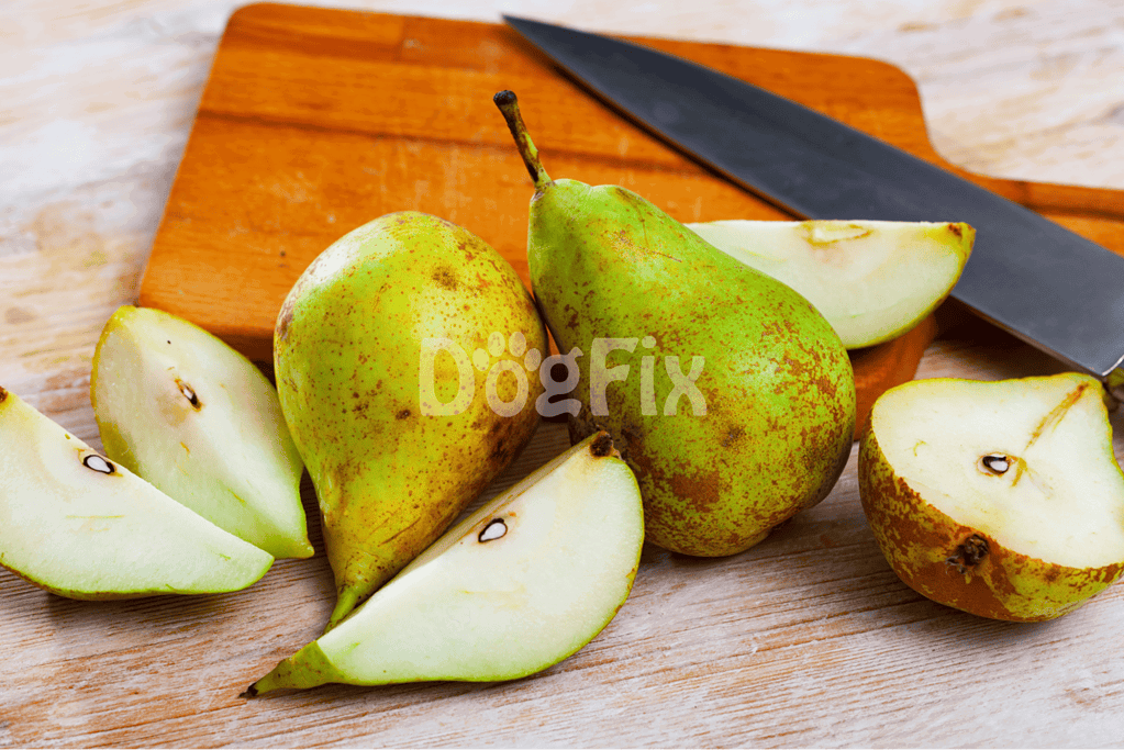 Healthy pear fruits sliced on wooden cutting board, ready for healthy eating or cooking. Perfect for nutritious snacks or recipes.