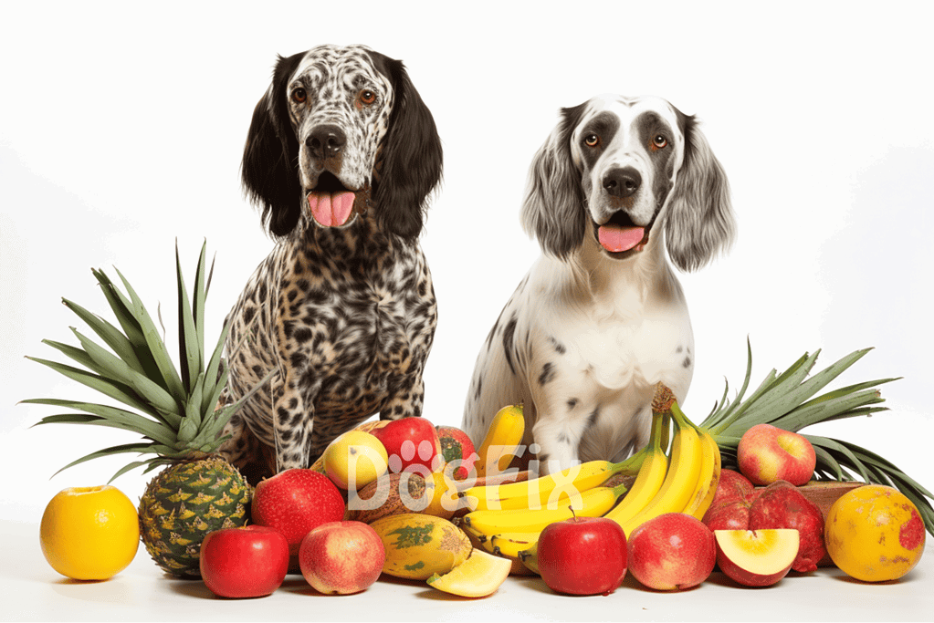 Adorable dogs sitting with an array of colorful fresh fruits, promoting pet health and wellness.