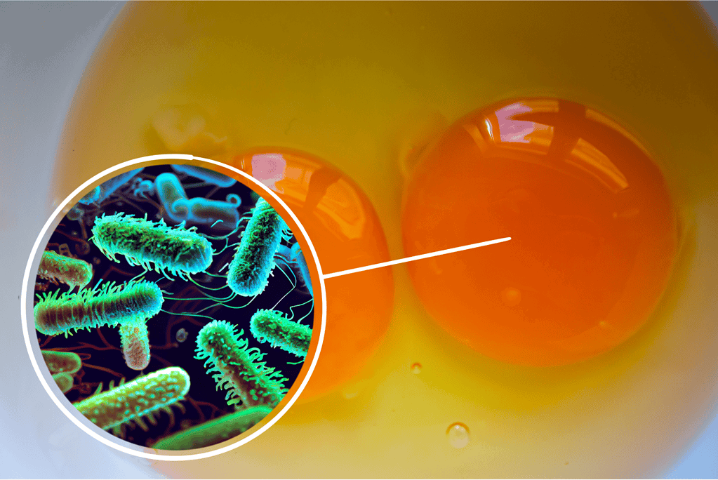 Close-up of eggs showcasing bacteria inside with bacteria magnified in inset.