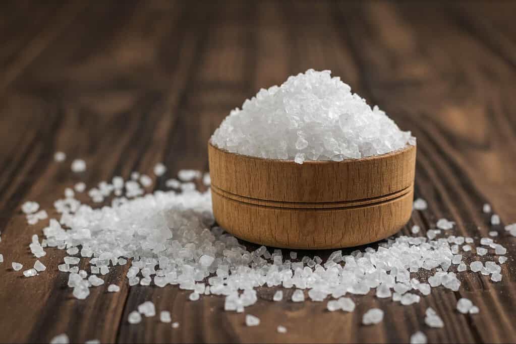 Fresh sea salt in a wooden bowl, ideal for cooking and seasoning dishes.