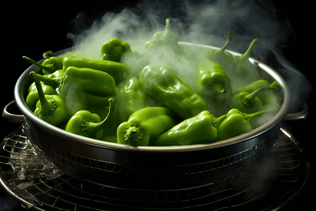Fresh green peppers steaming, culinary cooking preparation.