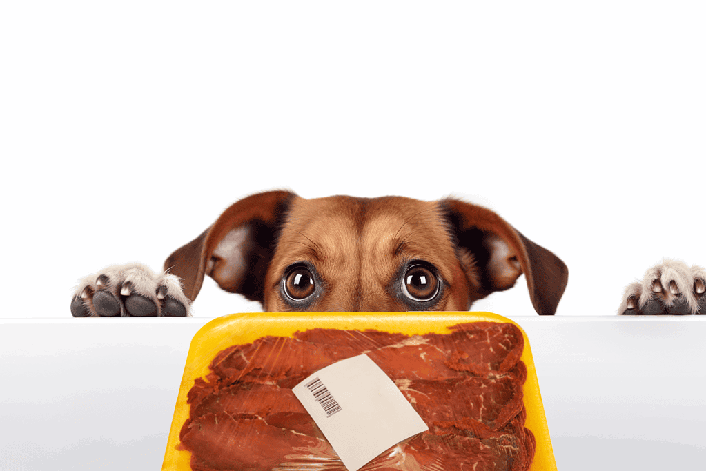 Adorable dog eyes focused on raw meat package, highlighting pet food safety and quality.