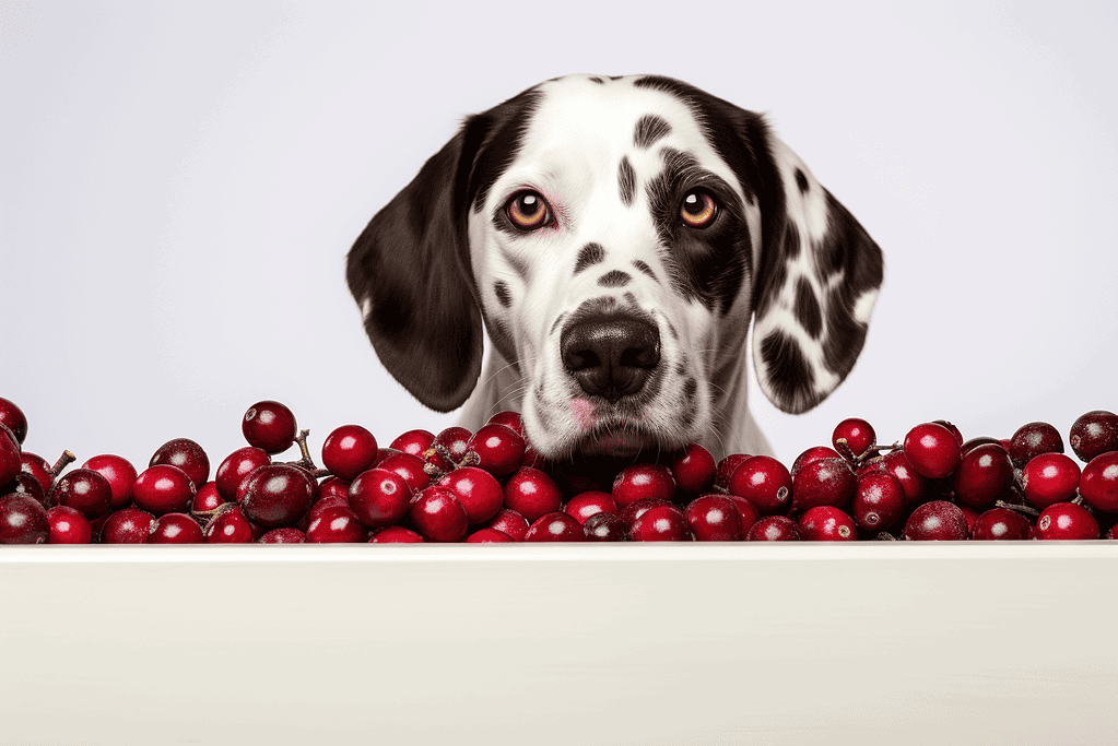 Cute Dalmatian dog with black and white spots surrounded by fresh red berries.