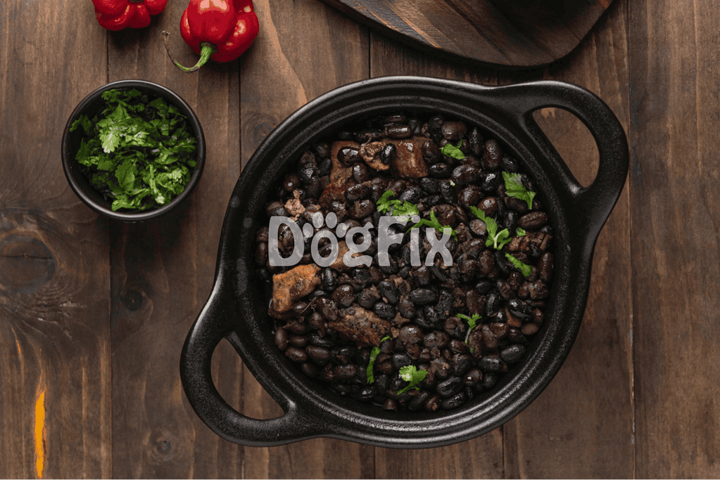 Delicious black bean and meat stew served in a cast iron skillet with fresh herbs, perfect for a hearty meal.