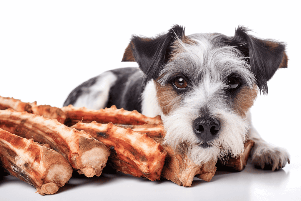 Cute puppy lying next to raw bones, healthy dog food concept.