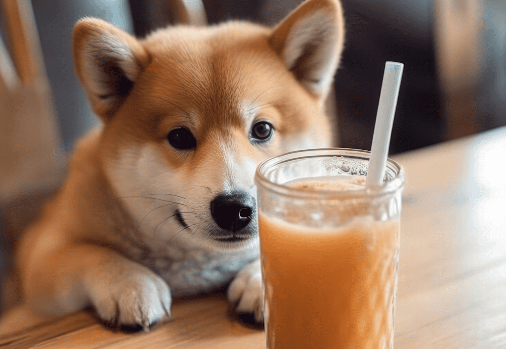 Cute puppy with a glass of orange juice, sitting at a table.