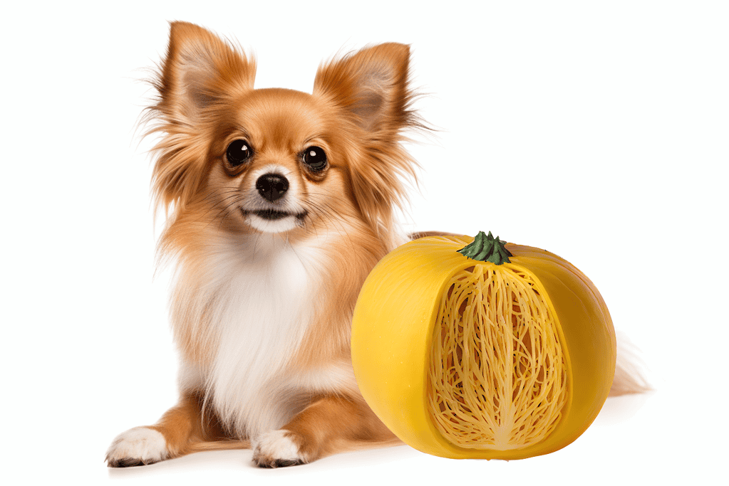 Dog pumpkin toy filled with pasta, perfect for dog play and enrichment.
