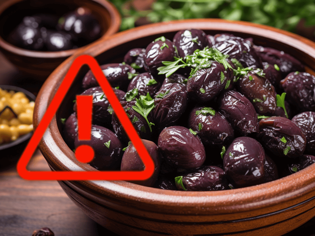 Close-up of ripe black olives in a bowl, with a red warning icon overlay.