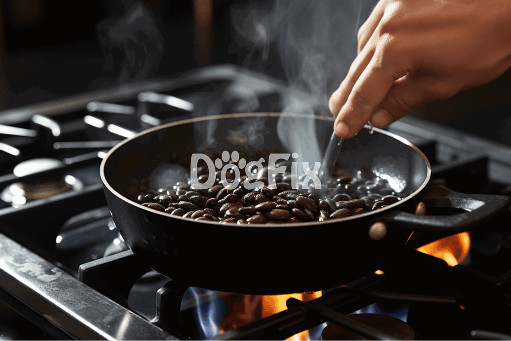 Close-up of coffee beans in a pan on a stove, perfect for coffee lovers.