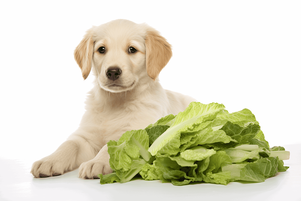 Adorable puppy next to fresh, green lettuce for healthy pet diet.