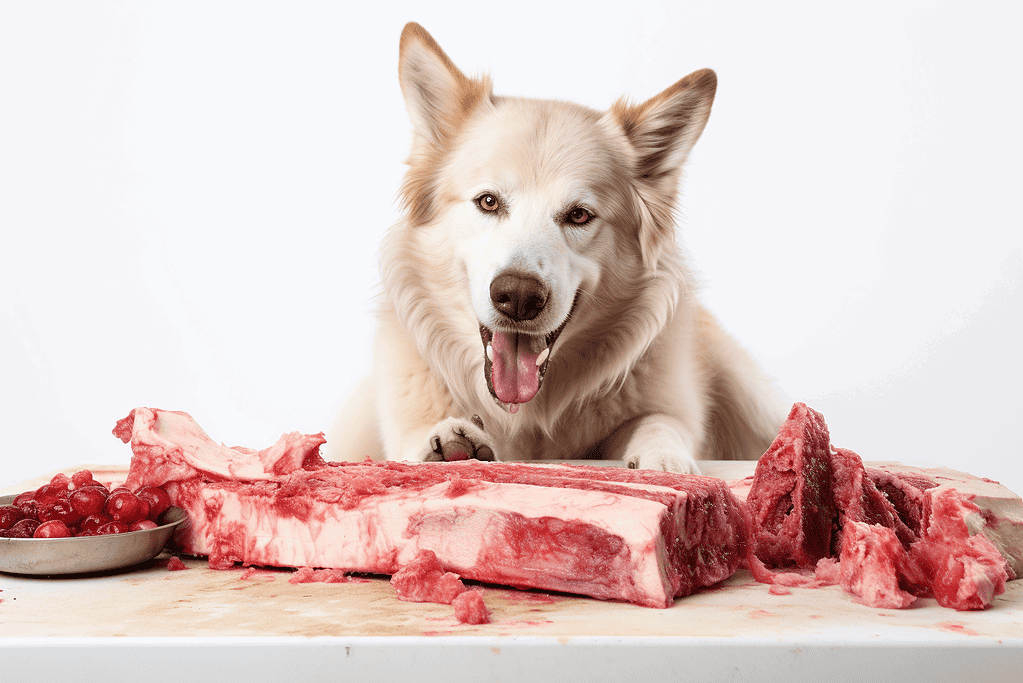 Dog enjoying raw steak with bones and cherries, highlighting pet meat nutrition.