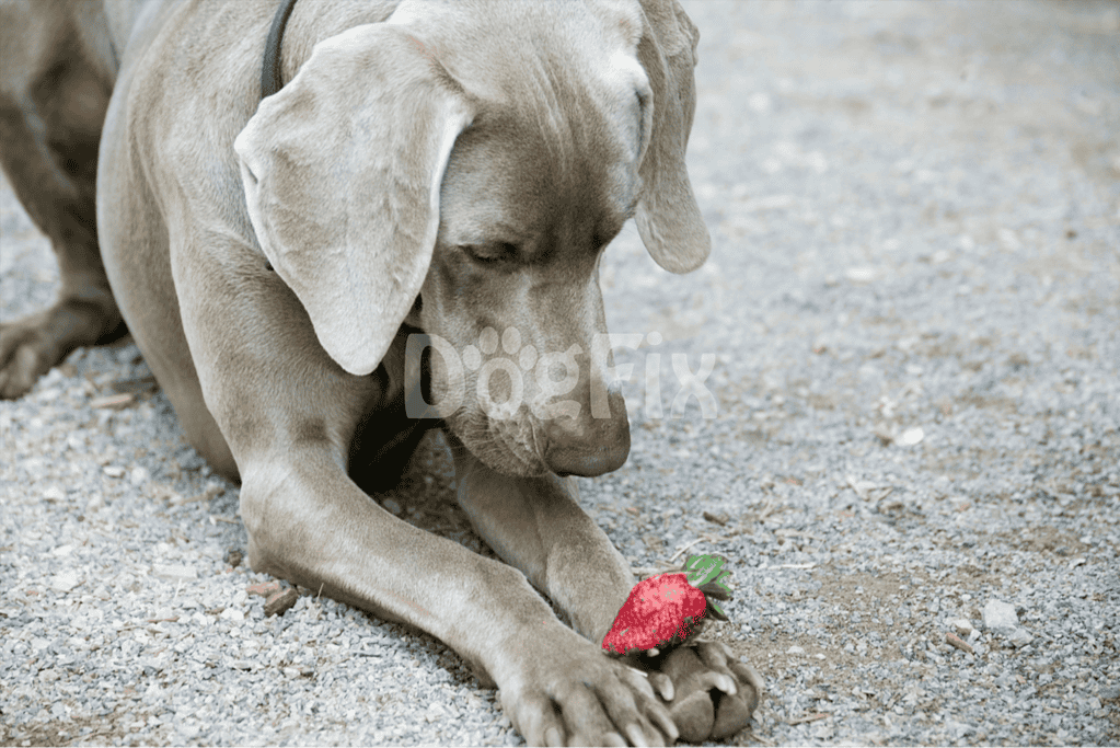 Dog playing with a fresh strawberry outdoors.