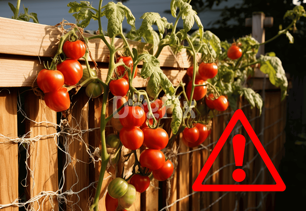 Close-up of a tomato plant growing near a wooden fence, with a red warning triangle indicating potential danger.