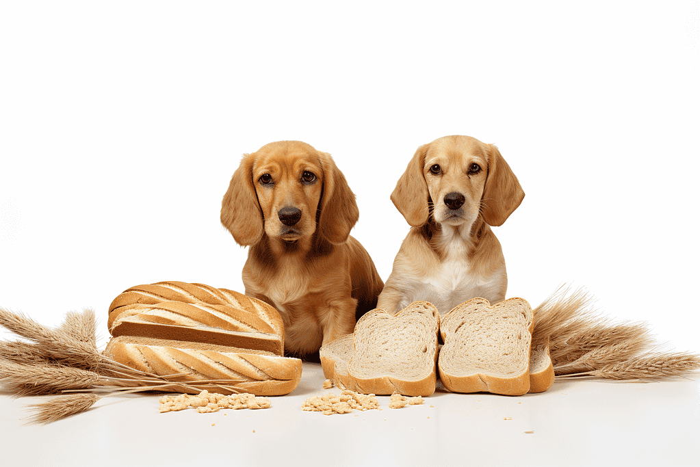 Dog treats and bread for dogs, healthy pet food, dachshunds with snacks, pet nutrition.