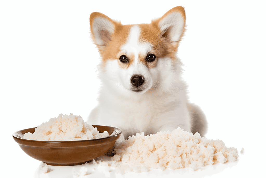 Cute puppy with a bowl of rice on a white background.