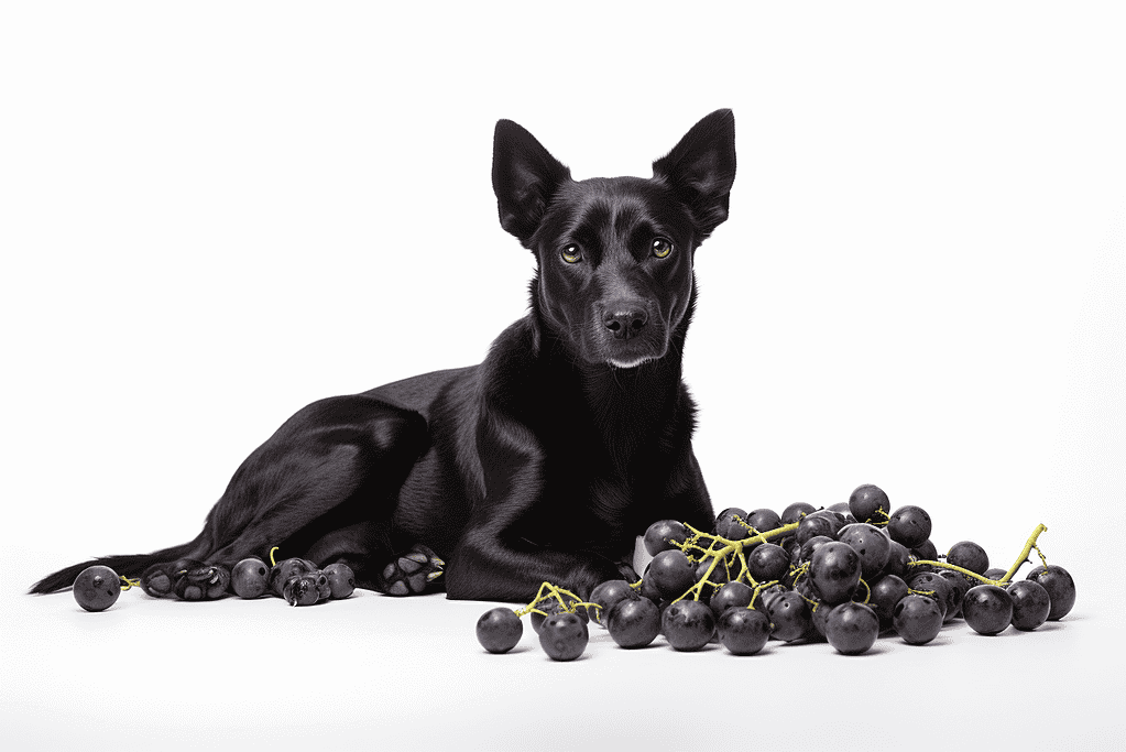 Dog sitting with black grapes on plain background.